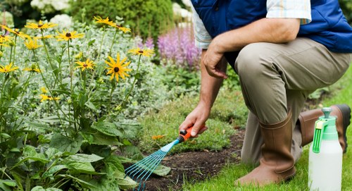 Operative wearing PPE for hedge cutting with high-visibility clothing and gloves