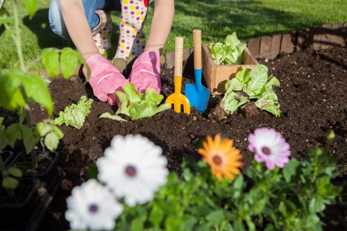 In a well-maintained garden bed, a child wearing pink gardening gloves is planting young lettuce plants into rich, dark soil, with a small wooden border separating the vegetable area from a vibrant flower bed in front. The flower bed features blooming white, orange, and purple flowers, adding colour and brightness to the scene. In the background, a neatly trimmed lawn with lush green grass extends beyond the bed, and part of a paved patio or pathway is visible at the edge of the image. The outdoor environment appears sunny with natural light illuminating the garden, highlighting the textures of the soil, plants, and flower petals. The scene reflects typical backyard gardening activity in Southgate, suggesting a focus on vegetable and flower cultivation supported by professional gardening services such as hedge trimming and lawn care offered by Hedge Trimming Southgate.